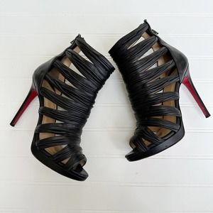 Christian Louboutin Black Leather Strappy Open Toe Anke Bootie